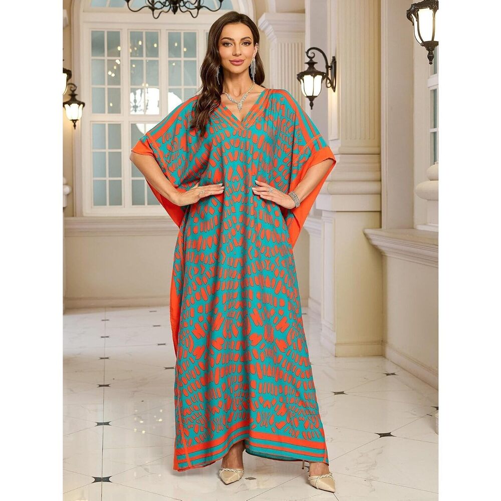 Kaftan Dresses for Women V Neck Batwing Sleeve Plus Size Caftans Swimwear - Picture 3 of 7